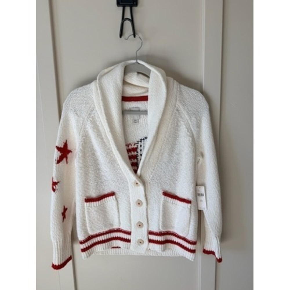 Maeve Anthropologie American Flag Collar Cardigan Sweater White Red XXS